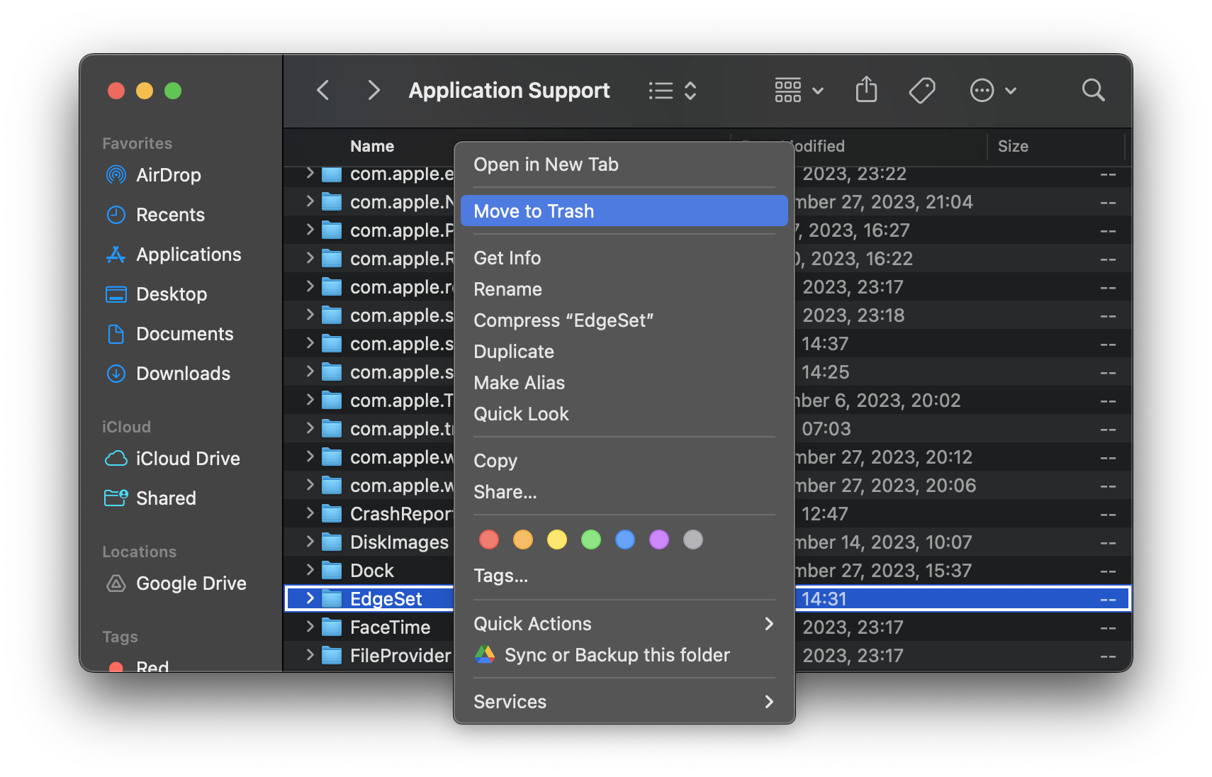 move the EdgeSet Application Support folder to the Trash