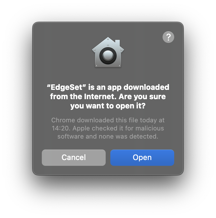 macOS prompt that EdgeSet has been downloaded from the internet